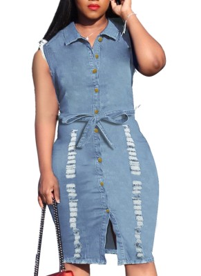 Plus Size Summer Buttom Up Ripped Light Blue Denim Bodycon Dress with Belt