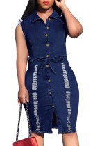 Plus Size Summer Buttom Up Ripped Dark Blue Denim Bodycon Dress with Belt