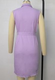 Plus Size Summer Buttom Up Ripped Purple Denim Bodycon Dress with Belt
