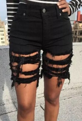 Summer Black Ripped Tight Denim Shorts