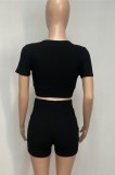 Summer Casual Print Black Crop Top and High Waist Biker Shorts 2PC Matching Set