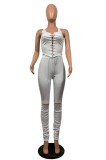 Summer White Sexy Lace-Up Crop Top and Stacked Ripped Pants 2PC Matching Set