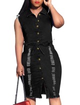 Plus Size Summer Buttom Up Ripped Black Denim Bodycon Dress with Belt