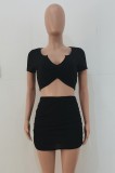 Summer Casual Black Crop Top and Ruched Mini Skirt 2 Piece Matching Set
