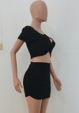Summer Casual Black Crop Top and Ruched Mini Skirt 2 Piece Matching Set