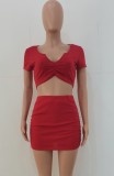 Summer Casual Red Crop Top and Ruched Mini Skirt 2 Piece Matching Set