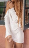 Summer White Backless Long Sleeve Knitted Mini Dress Cover Up