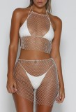 Summer Beaded Fishnet Crop Top and Mini Skirt 2PC Cover-Up Beachwear