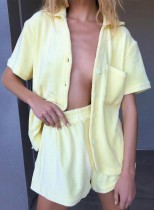 Summer Casual Yellow Fleece Shirt and Shorts 2PC Lounge Set