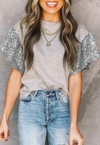 Summer Grey O-Neck Shirt with Contrast Sequins Sleeves