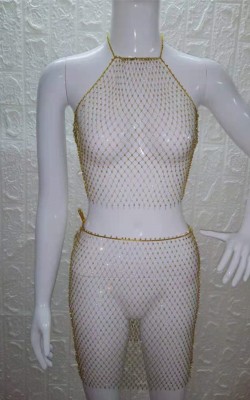 Summer Beaded Fishnet Crop Top and Mini Skirt 2PC Cover-Up Beachwear