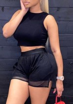 Summer Casual Black Tank Crop Top and Shorts Matching 2PC Set