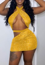 Summer Yellow Sequins Sexy Wrapped Crop Top and Mini Skirt 2PC Set