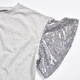 Summer Grey O-Neck Shirt with Contrast Sequins Sleeves