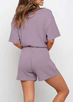 Summer Purple Knitting Shirt and Shorts Matching 2PC Lounge Set