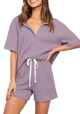 Summer Purple Knitting Shirt and Shorts Matching 2PC Lounge Set