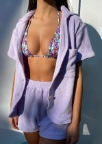 Summer Casual Purple Fleece Shirt and Shorts 2PC Lounge Set