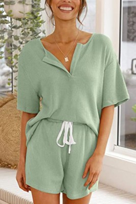 Summer Green Knitting Shirt and Shorts Matching 2PC Lounge Set