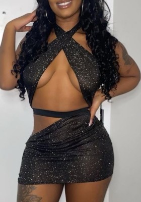 Summer Black Sequins Sexy Wrapped Crop Top and Mini Skirt 2PC Set