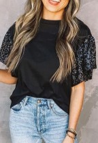 Summer Black O-Neck Shirt with Contrast Sequins Sleeves