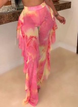 Summer Print Pink Sexy Ruffles Pants 2PC Party Wear