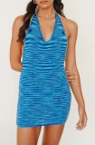 Summer Blue Stripes V-Neck Knitting Mini Dress