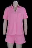 Summer Casual Pink Fleece Shirt and Shorts 2PC Lounge Set