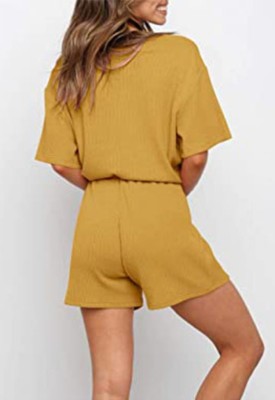 Summer Yellow Knitting Shirt and Shorts Matching 2PC Lounge Set