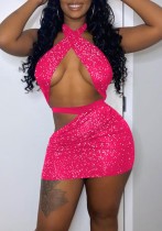Summer Pink Sequins Sexy Wrapped Crop Top and Mini Skirt 2PC Set