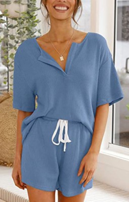 Summer Blue Knitting Shirt and Shorts Matching 2PC Lounge Set