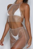 Summer Beaded Fishnet Crop Top and Mini Skirt 2PC Cover-Up Beachwear