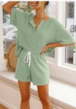 Summer Green Knitting Shirt and Shorts Matching 2PC Lounge Set