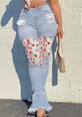 Summer Light Blue Bell Bottom Stylish Patch Jeans