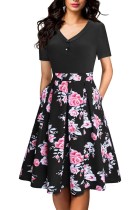 Summer Vintage Black Floral Short Sleeve Prom Dress