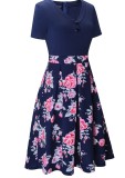 Summer Vintage Blue Floral Short Sleeve Prom Dress