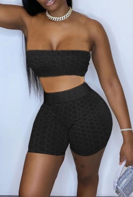 Summer Black Waffle Sexy Bandeau Top and Biker Shorts 2PC Matching Set