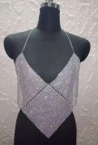 Summer Silver Beaded Sexy Halter Club Top