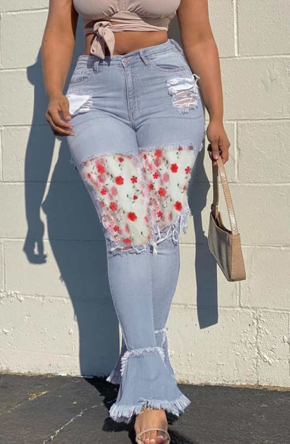 Summer Light Blue Bell Bottom Stylish Patch Jeans