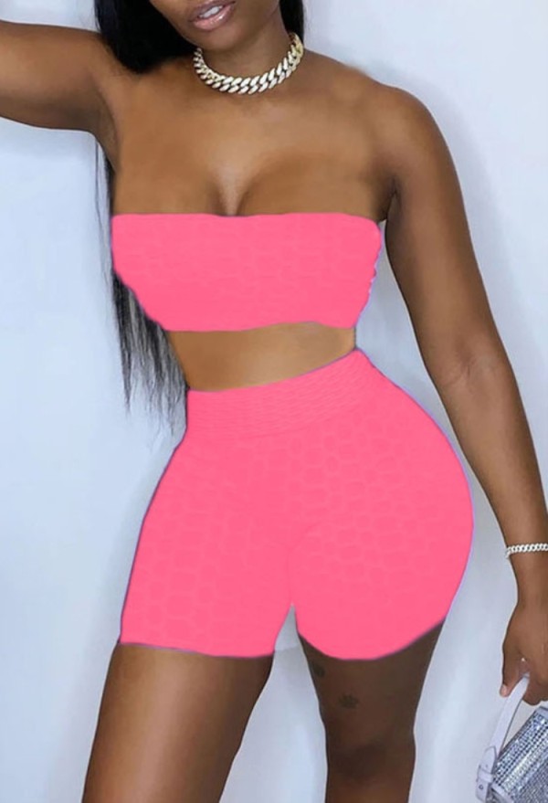 Summer Pink Waffle Sexy Bandeau Top and Biker Shorts 2PC Matching Set