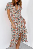 Summer Floral V-Neck Irregular Ruffles Long Dress