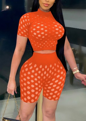 Summer Orange Fishnet Crop Top and Shorts 2PC Matching Set