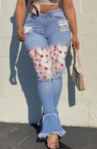 Summer Blue Bell Bottom Stylish Patch Jeans