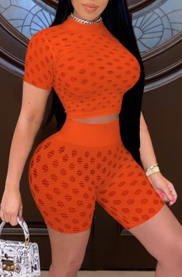Summer Orange Fishnet Crop Top and Shorts 2PC Matching Set