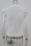 Summer White Knitting Basic Top with Ruffles Sleeve Cuffs