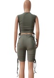 Summer Casual Grey Ruched Strings Crop Top and High Waisted Shorts 2PC Matching Set