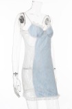 Summer White and Blue Lace Strap Night Mini Dress