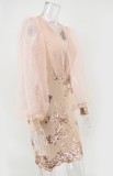Summer Pink Mesh Patch V-Neck Sequins Mini Club Dress