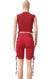 Summer Casual Red Ruched Strings Crop Top and High Waisted Shorts 2PC Matching Set