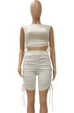 Summer Casual White Ruched Strings Crop Top and High Waisted Shorts 2PC Matching Set