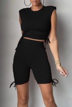 Summer Casual Black Ruched Strings Crop Top and High Waisted Shorts 2PC Matching Set